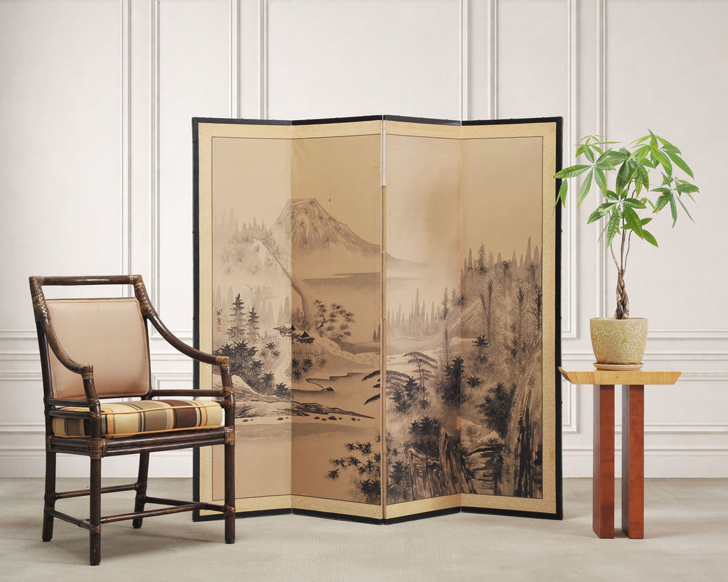 Japanese Showa Four Panel Screen Spring River Landscape 5 Ft.