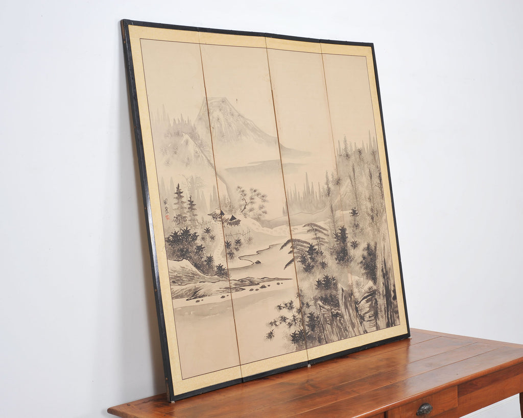 Japanese Showa Four Panel Screen Spring River Landscape 5 Ft.