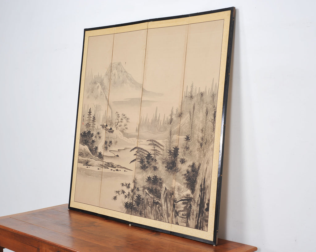 Japanese Showa Four Panel Screen Spring River Landscape 5 Ft.