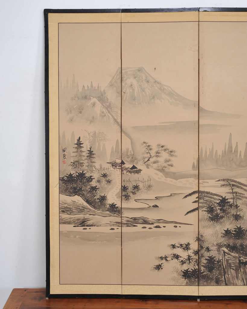 Japanese Showa Four Panel Screen Spring River Landscape 5 Ft.
