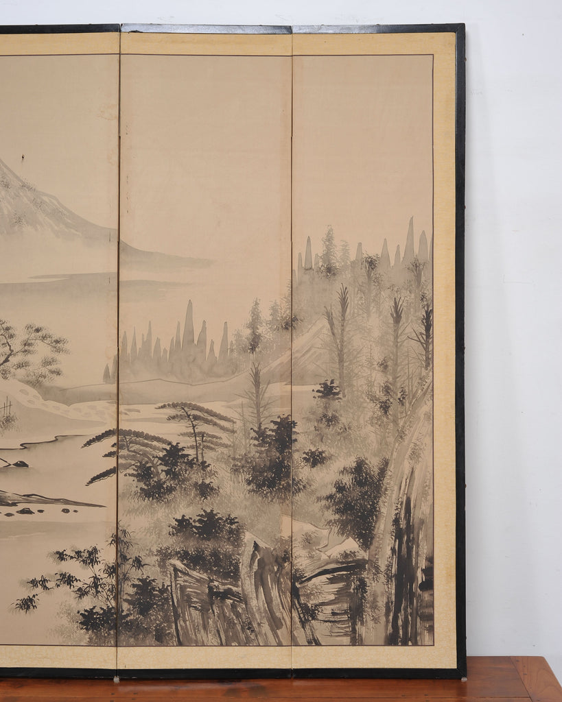 Japanese Showa Four Panel Screen Spring River Landscape 5 Ft.