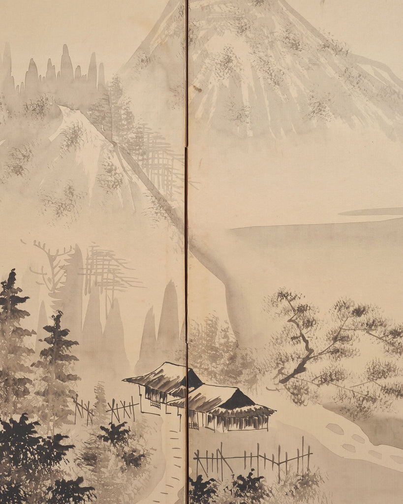 Japanese Showa Four Panel Screen Spring River Landscape 5 Ft.