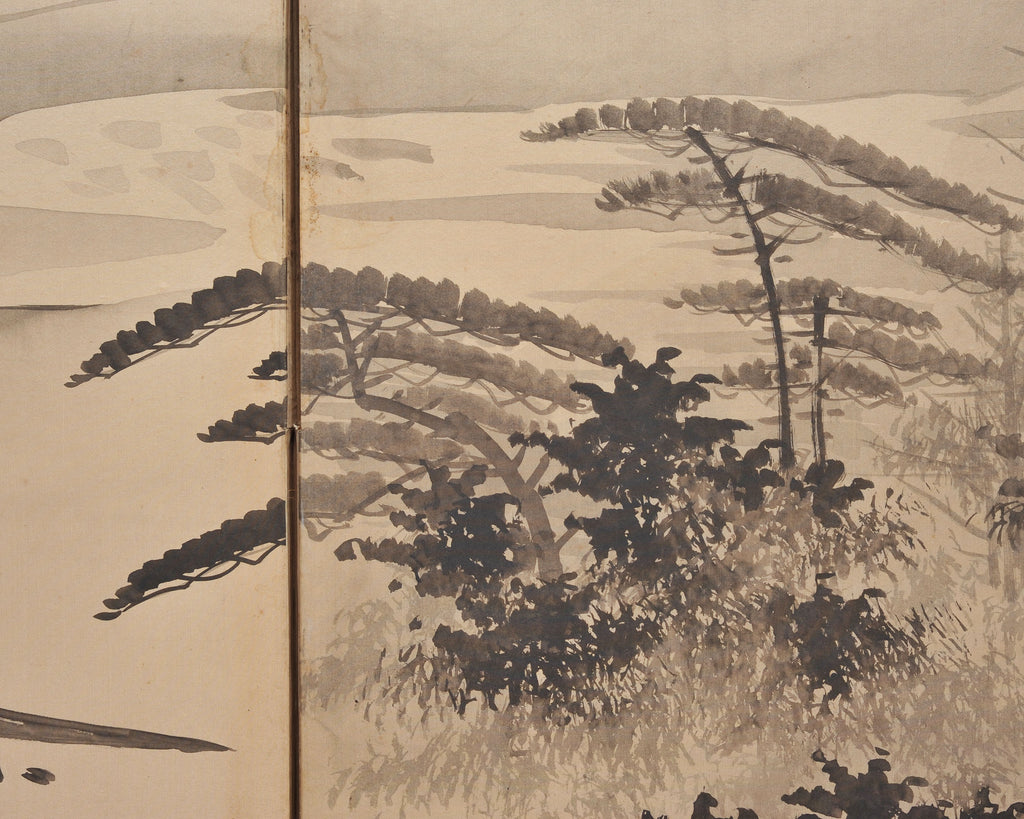 Japanese Showa Four Panel Screen Spring River Landscape 5 Ft.