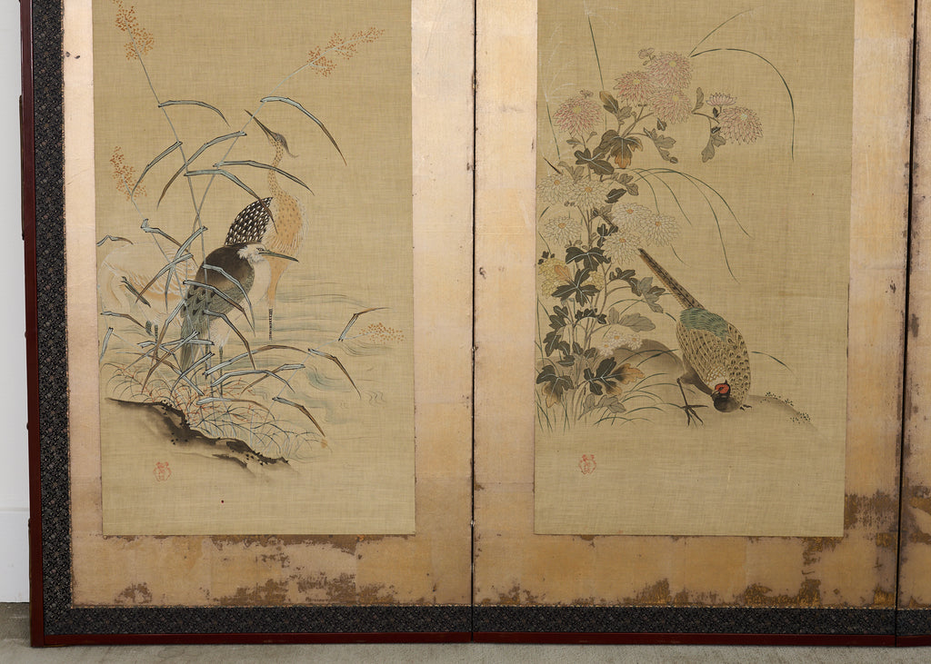 Japanese Kano School Four Panel Screen Birds and Owl