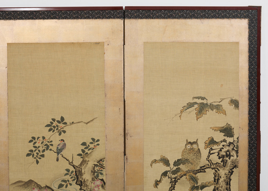 Japanese Kano School Four Panel Screen Birds and Owl