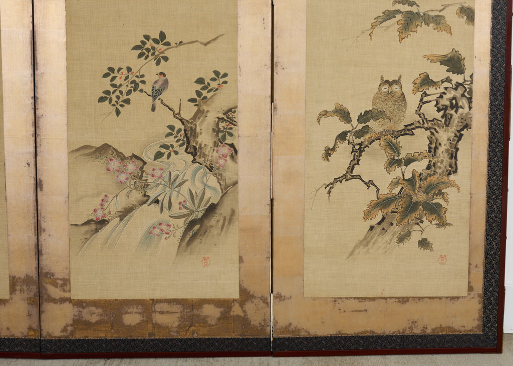 Japanese Kano School Four Panel Screen Birds and Owl