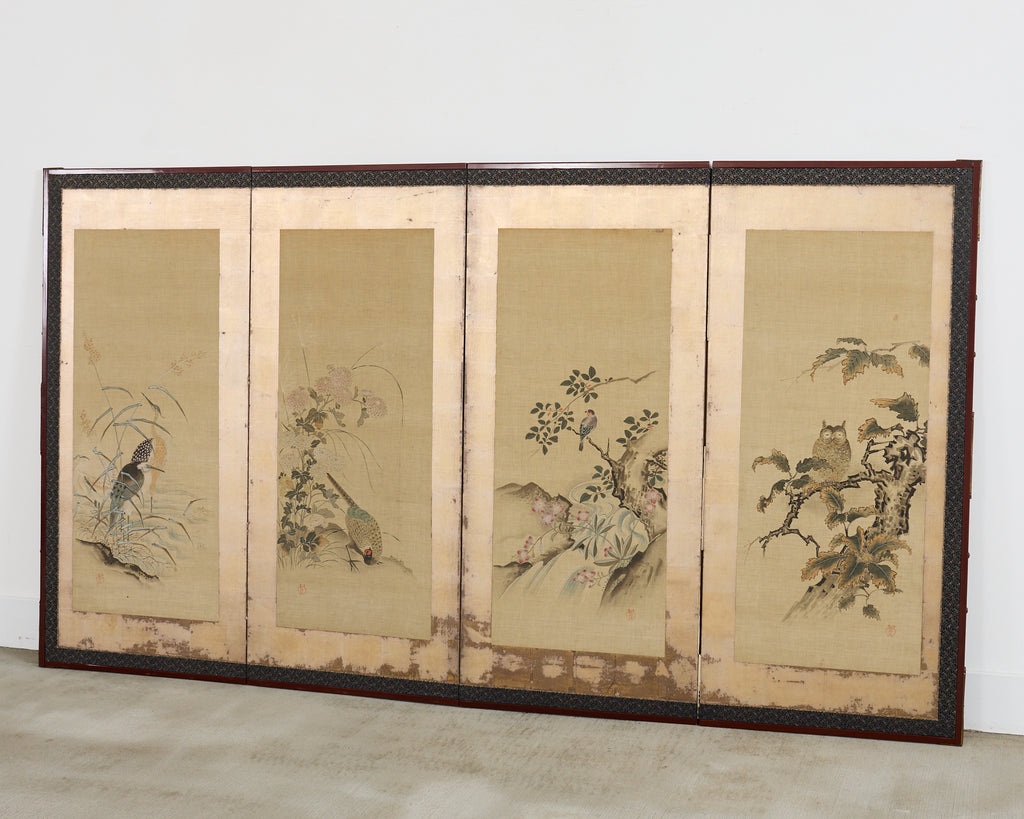 Japanese Kano School Four Panel Screen Birds and Owl