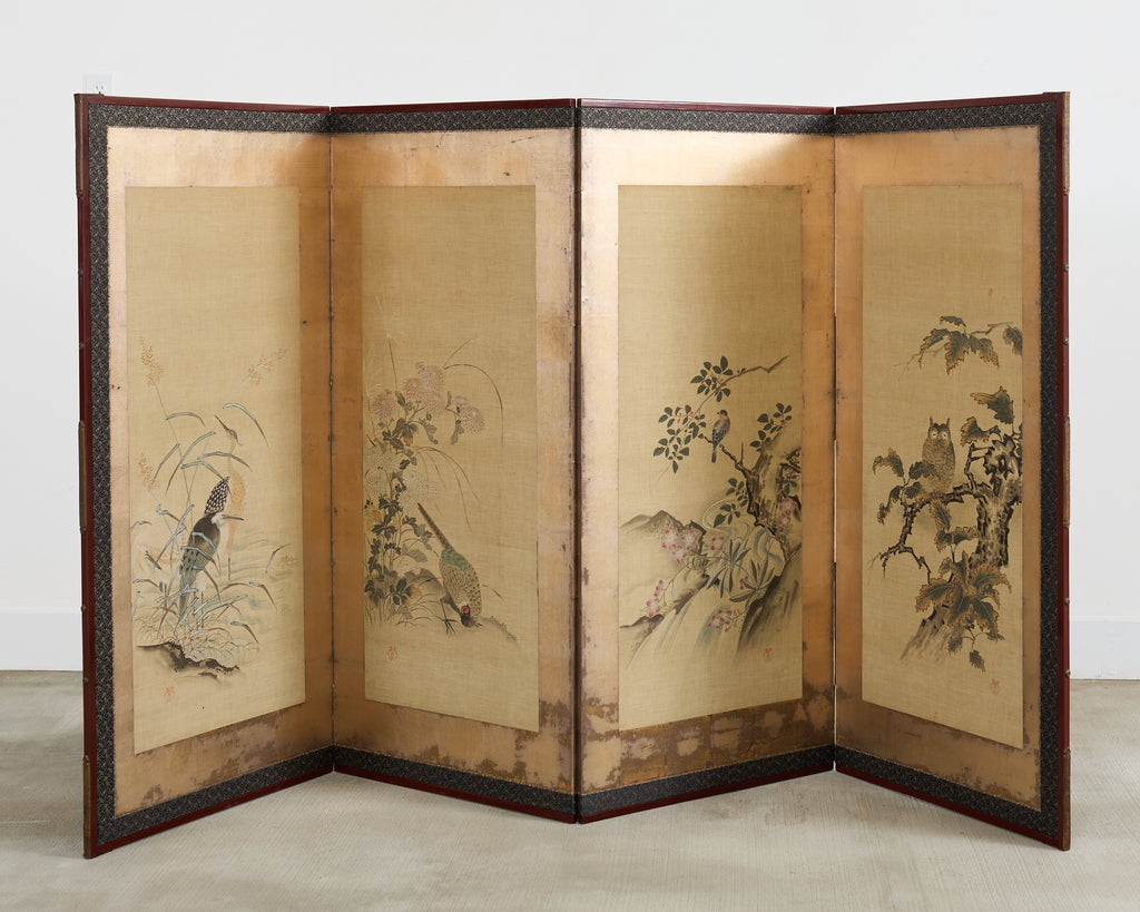 Japanese Kano School Four Panel Screen Birds and Owl