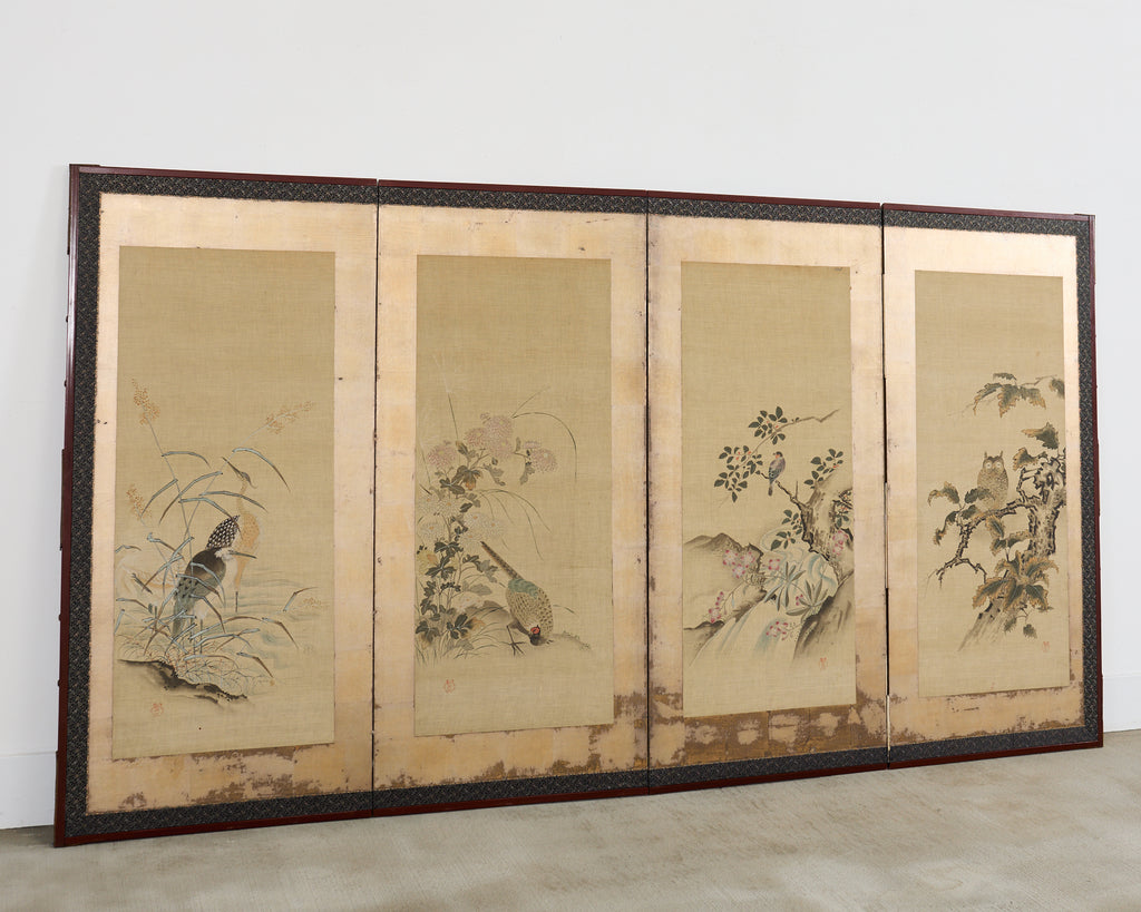 Japanese Kano School Four Panel Screen Birds and Owl