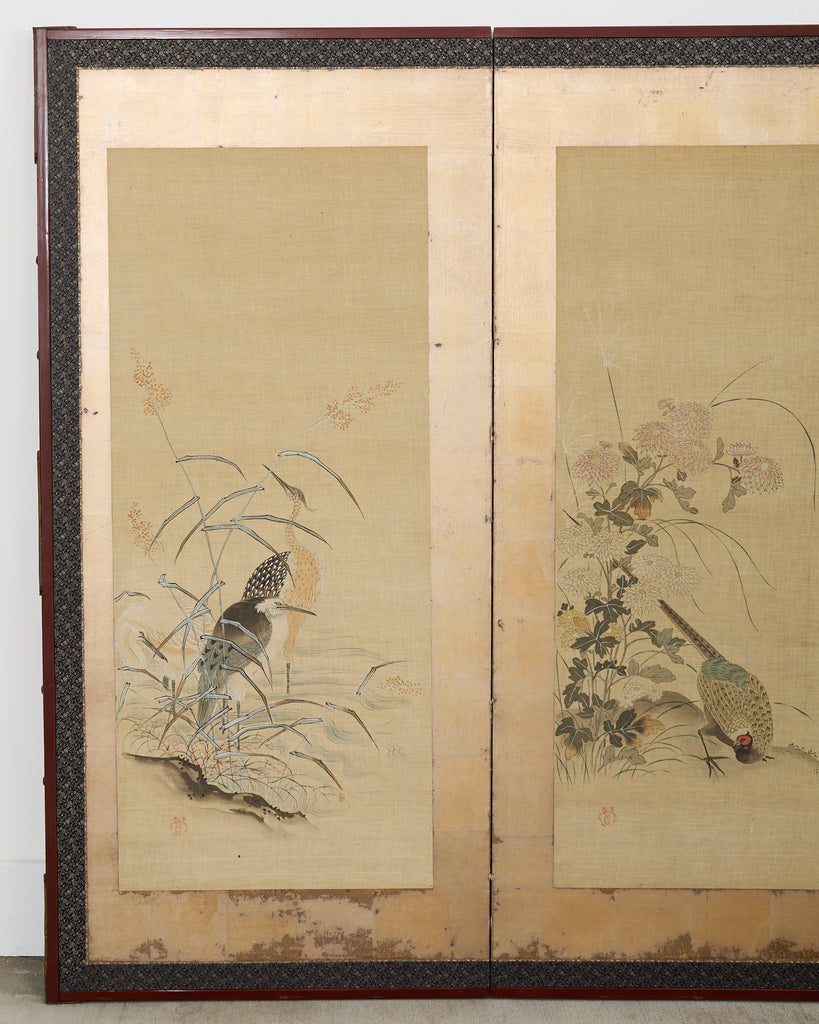 Japanese Kano School Four Panel Screen Birds and Owl