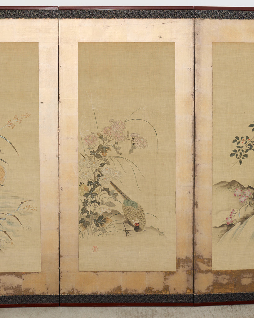Japanese Kano School Four Panel Screen Birds and Owl