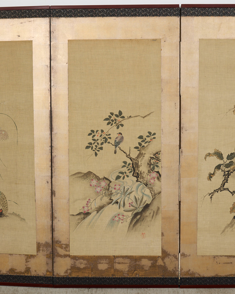Japanese Kano School Four Panel Screen Birds and Owl