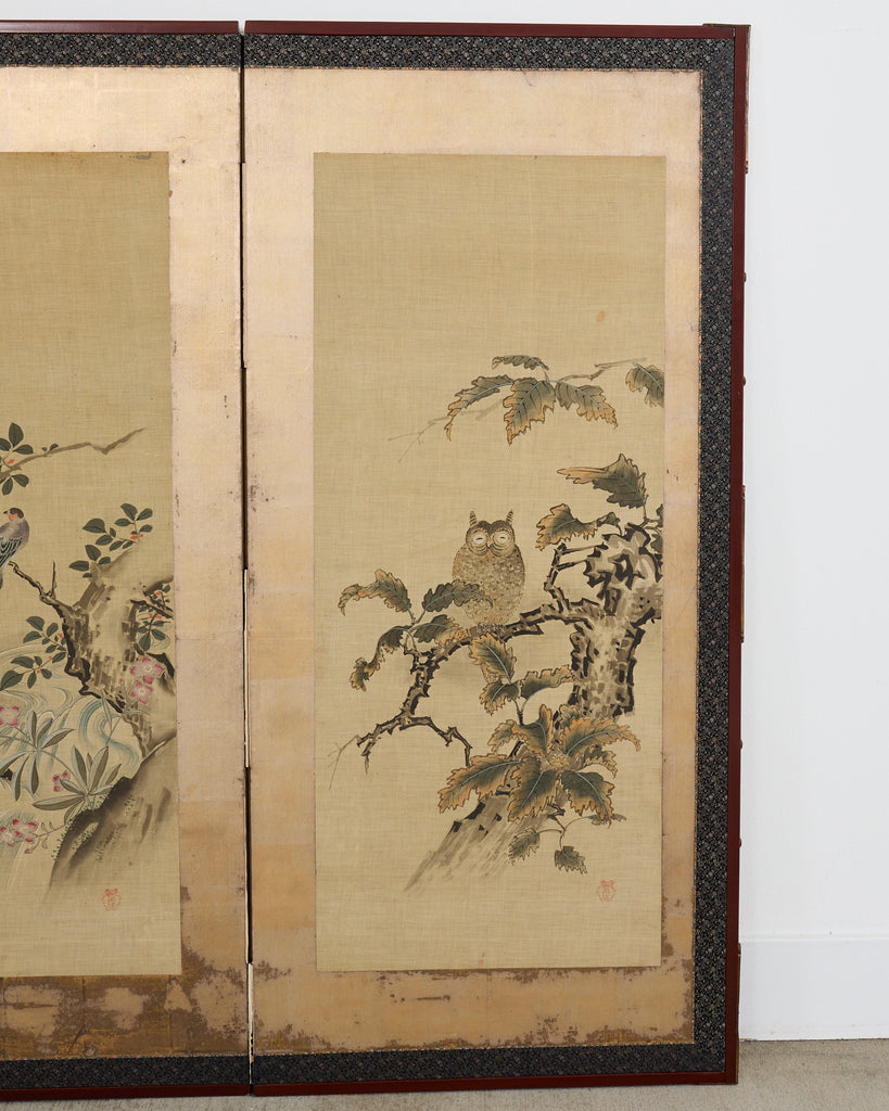 Japanese Kano School Four Panel Screen Birds and Owl