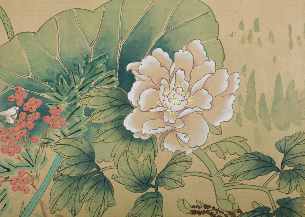 Asian Four Panel Byobu Screen Hundred Flowers Bloom