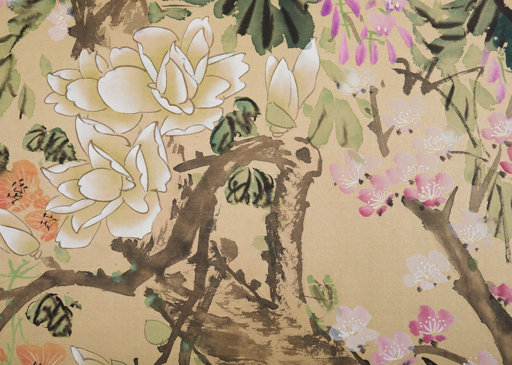 Asian Four Panel Byobu Screen Hundred Flowers Bloom
