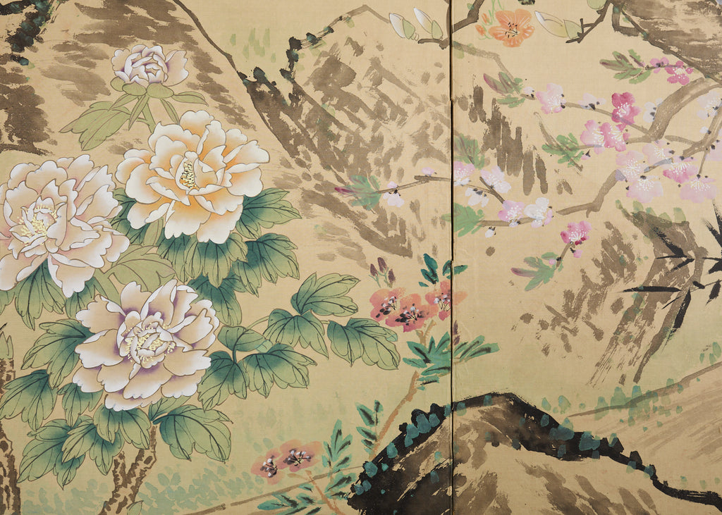 Asian Four Panel Byobu Screen Hundred Flowers Bloom