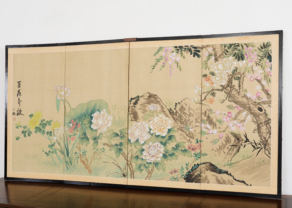 Asian Four Panel Byobu Screen Hundred Flowers Bloom