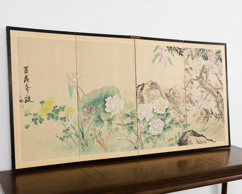 Asian Four Panel Byobu Screen Hundred Flowers Bloom