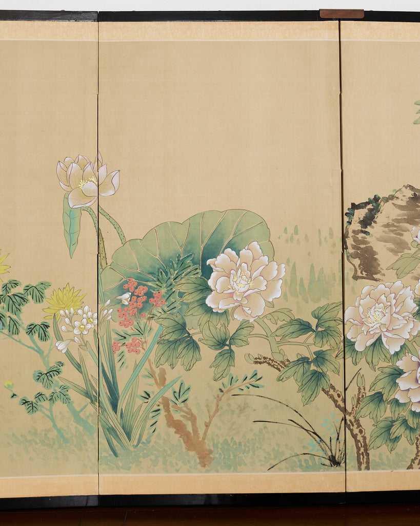 Asian Four Panel Byobu Screen Hundred Flowers Bloom