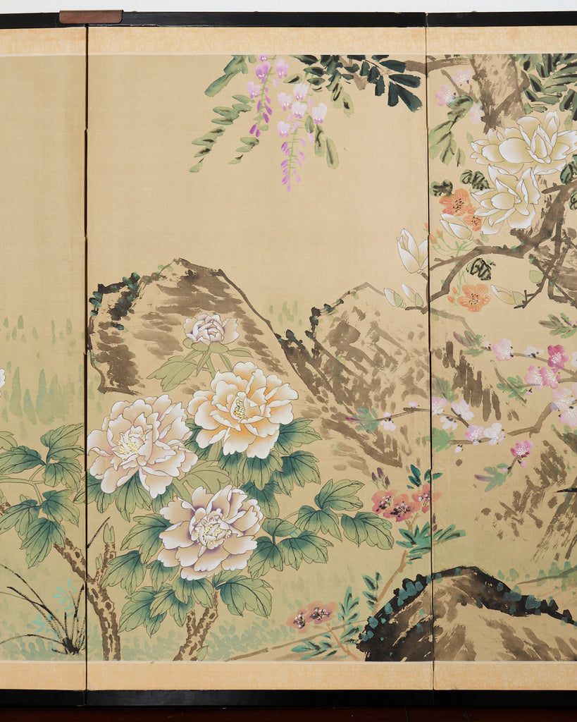 Asian Four Panel Byobu Screen Hundred Flowers Bloom