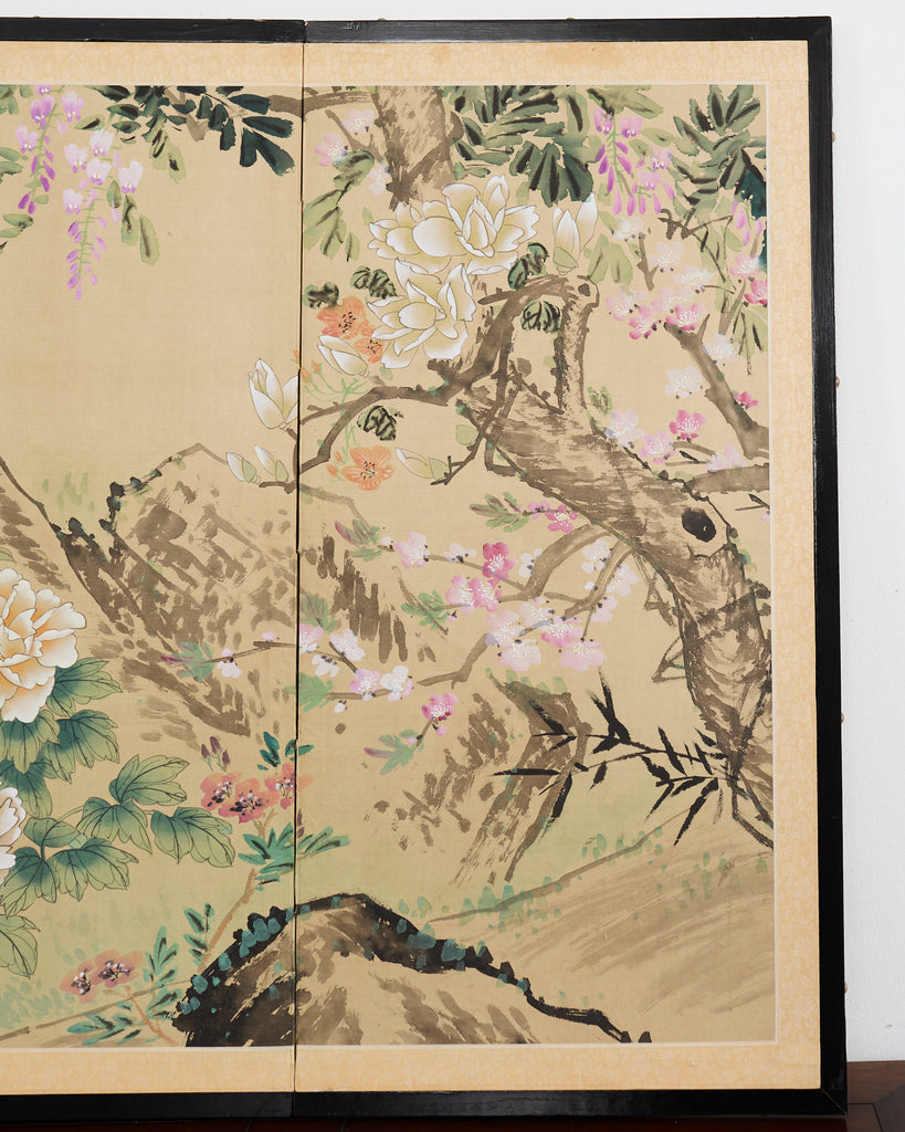 Asian Four Panel Byobu Screen Hundred Flowers Bloom