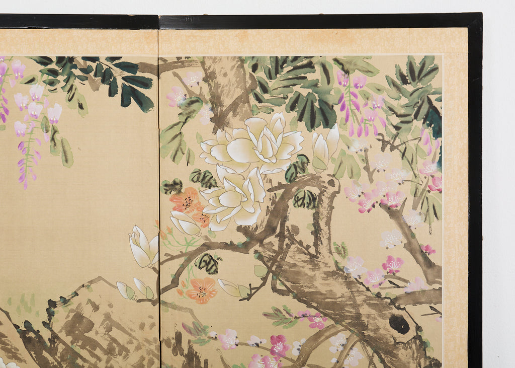 Asian Four Panel Byobu Screen Hundred Flowers Bloom