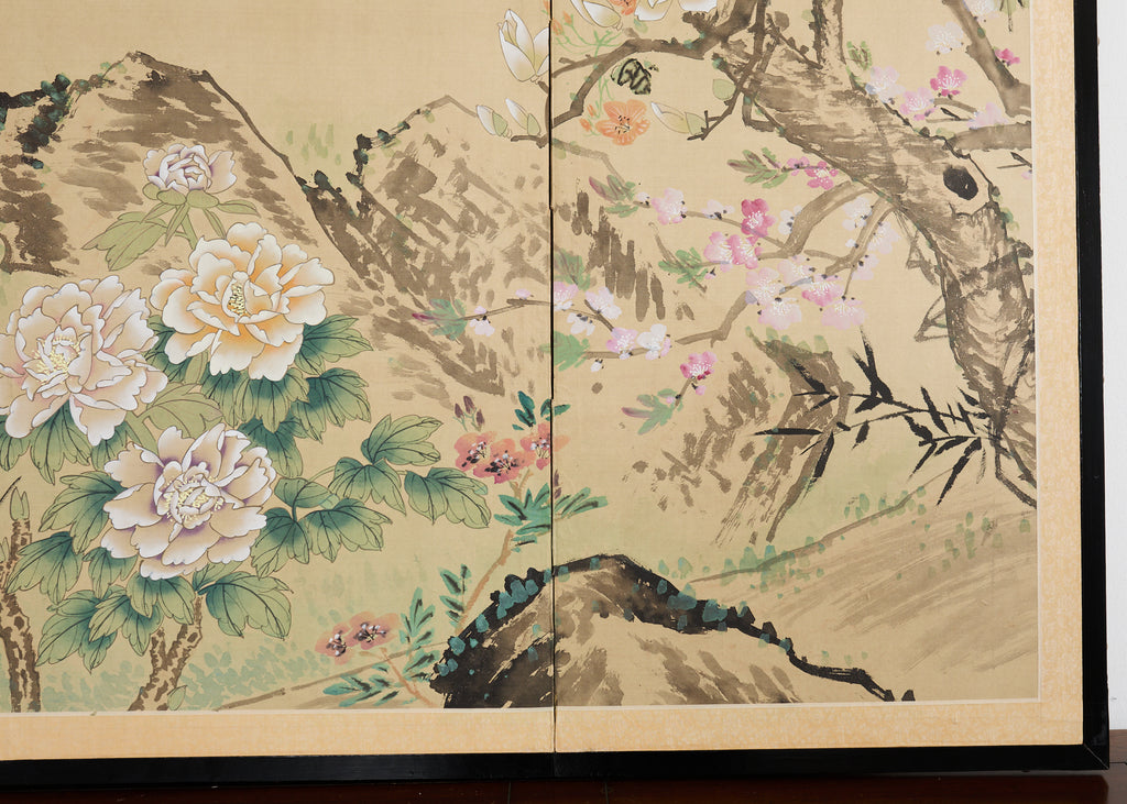 Asian Four Panel Byobu Screen Hundred Flowers Bloom