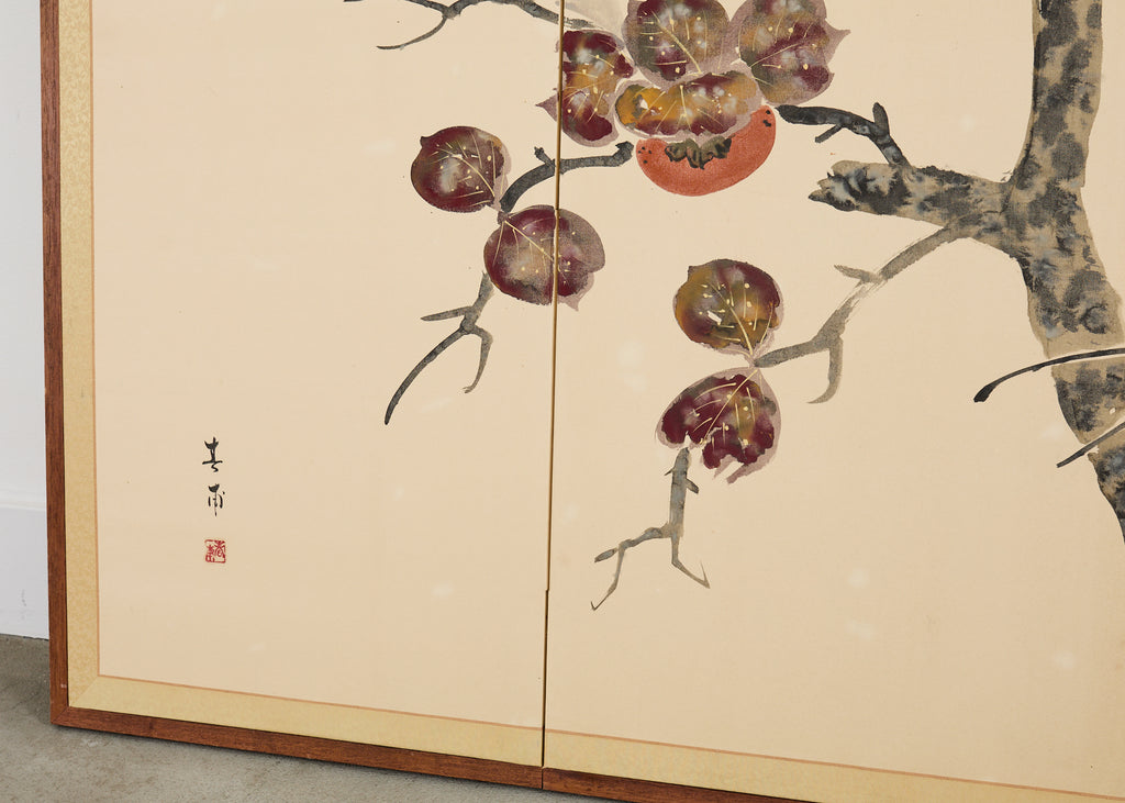 Japanese Showa Four Panel Screen Fruiting Pomegranate Tree