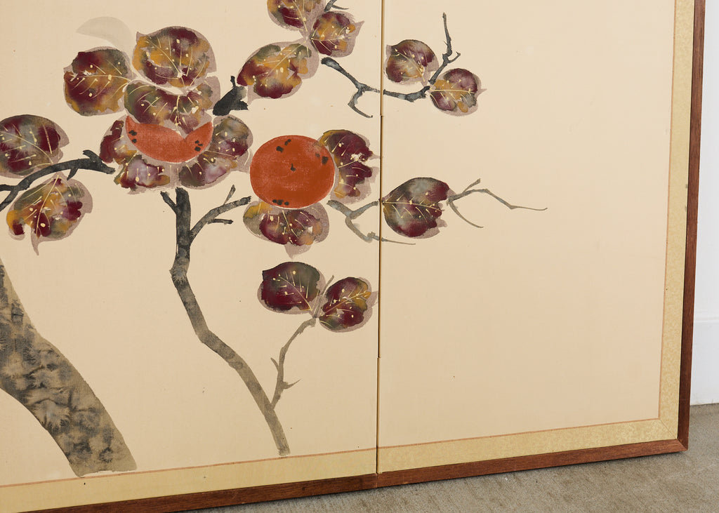 Japanese Showa Four Panel Screen Fruiting Pomegranate Tree