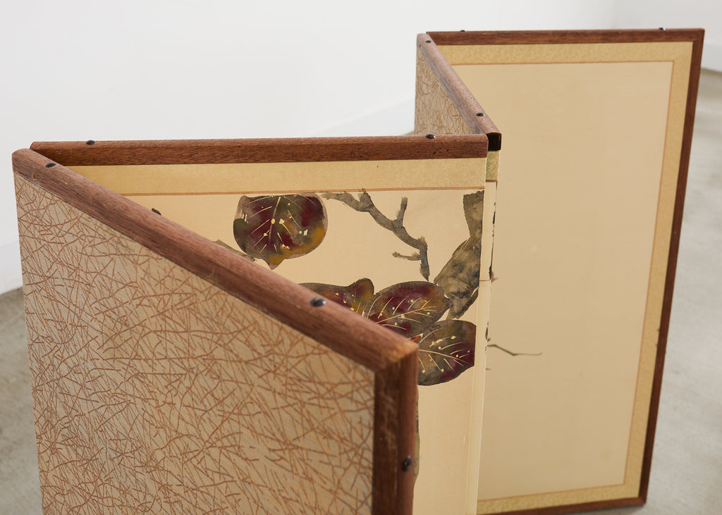 Japanese Showa Four Panel Screen Fruiting Pomegranate Tree