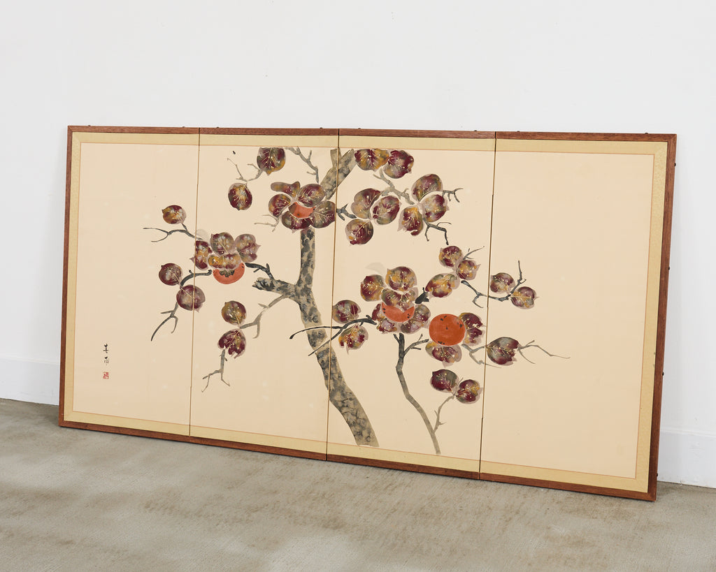 Japanese Showa Four Panel Screen Fruiting Pomegranate Tree