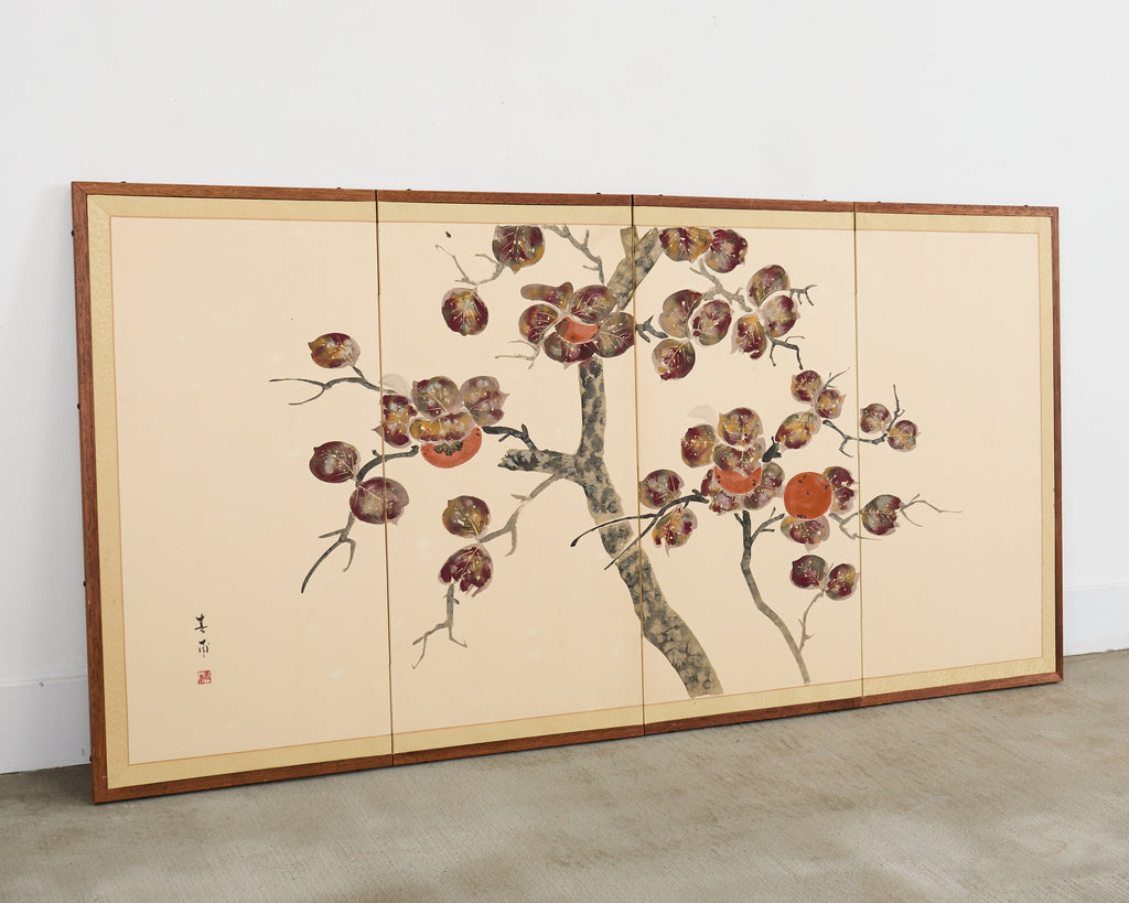 Japanese Showa Four Panel Screen Fruiting Pomegranate Tree