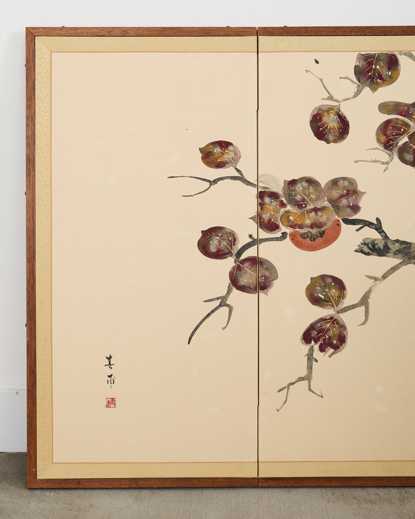 Japanese Showa Four Panel Screen Fruiting Pomegranate Tree