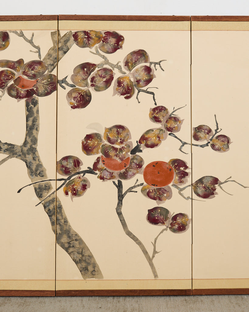 Japanese Showa Four Panel Screen Fruiting Pomegranate Tree
