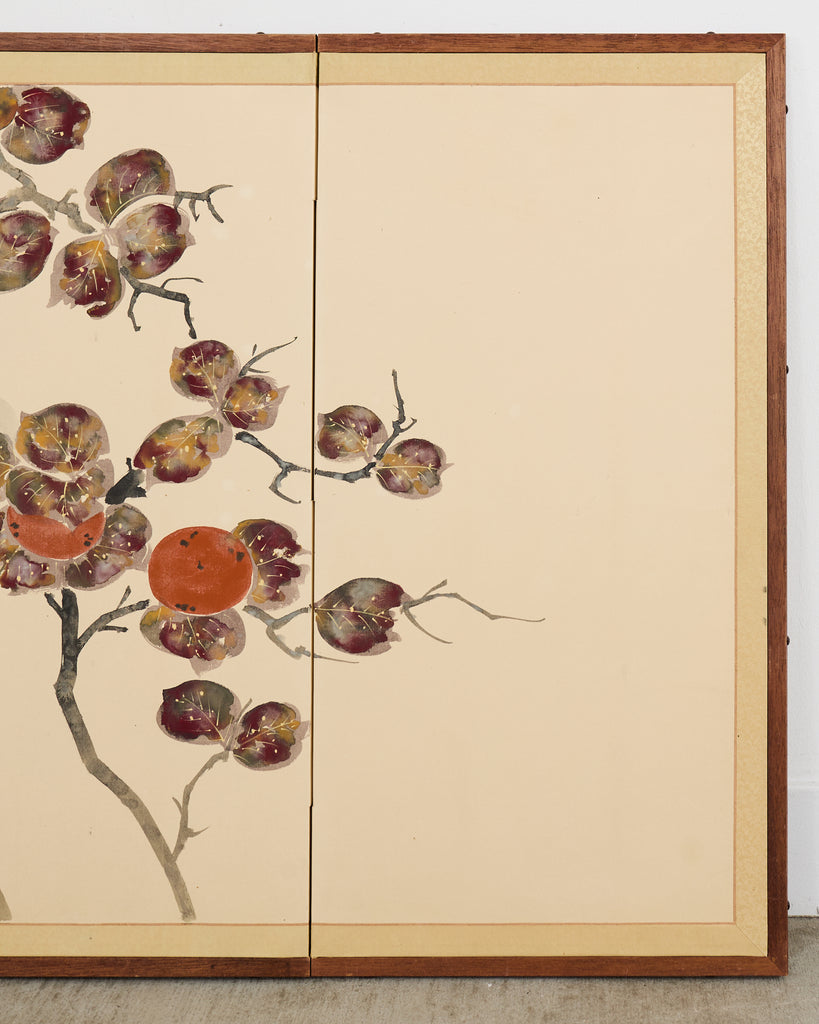 Japanese Showa Four Panel Screen Fruiting Pomegranate Tree