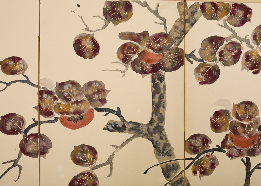 Japanese Showa Four Panel Screen Fruiting Pomegranate Tree