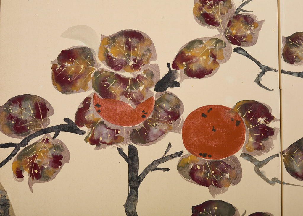 Japanese Showa Four Panel Screen Fruiting Pomegranate Tree