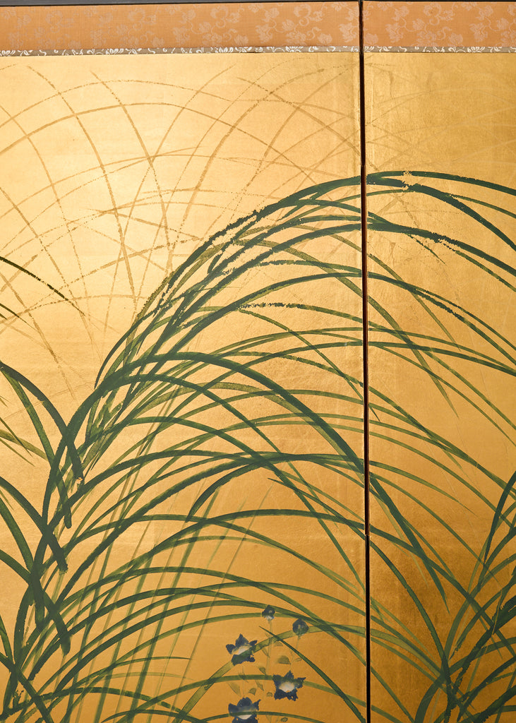 Japanese Showa Four Panel Screen Quail Amid Autumn Grasses