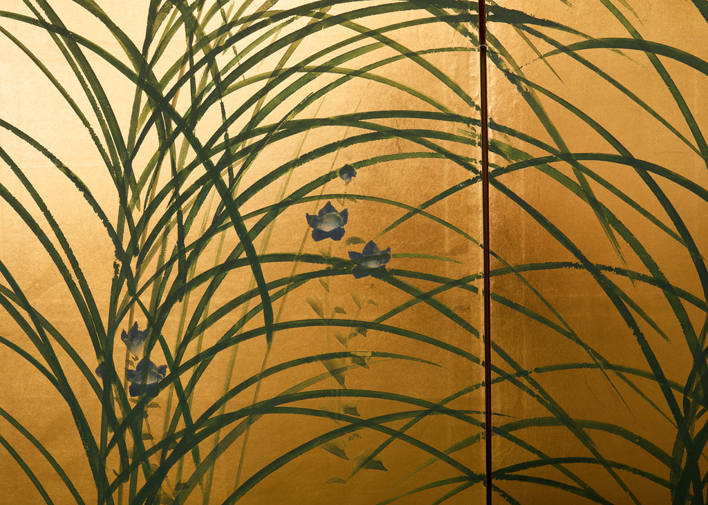 Japanese Showa Four Panel Screen Quail Amid Autumn Grasses