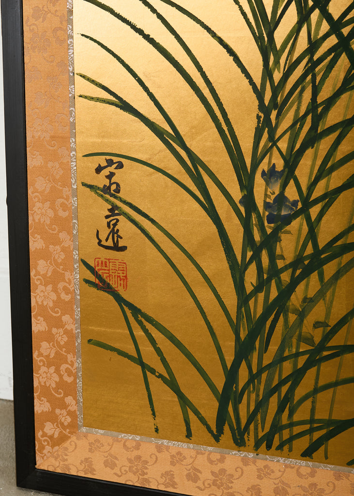 Japanese Showa Four Panel Screen Quail Amid Autumn Grasses