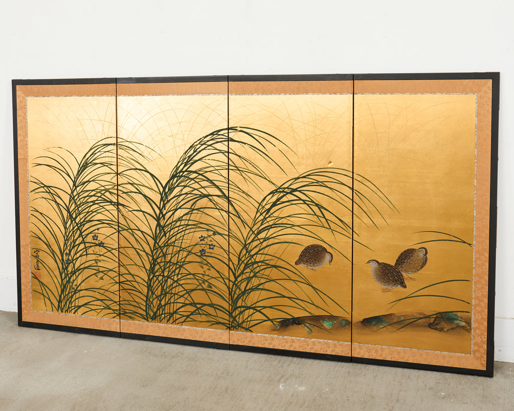 Japanese Showa Four Panel Screen Quail Amid Autumn Grasses