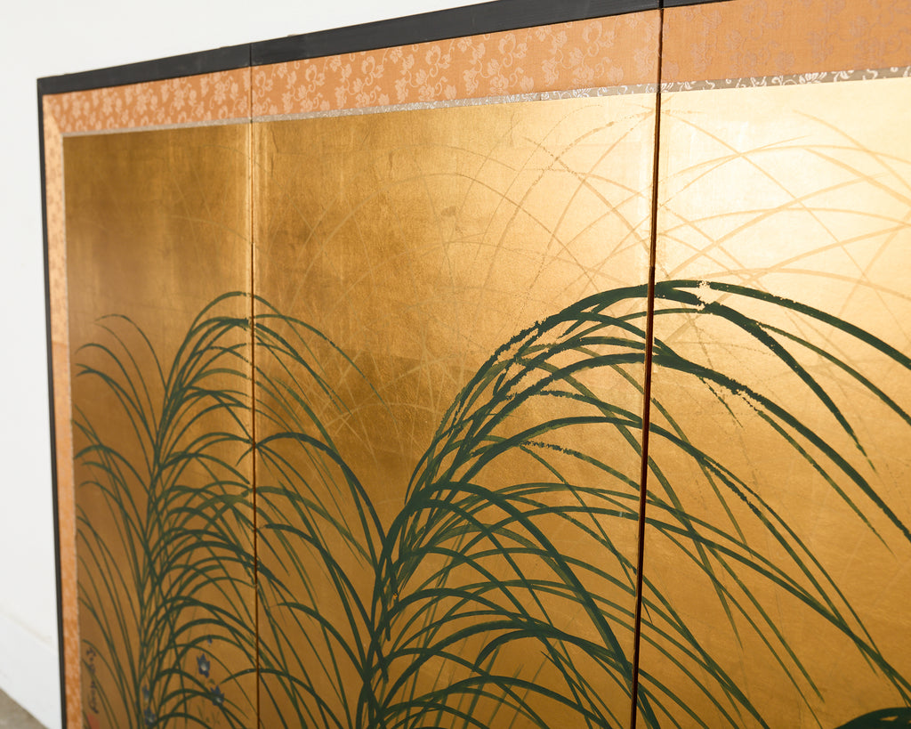 Japanese Showa Four Panel Screen Quail Amid Autumn Grasses