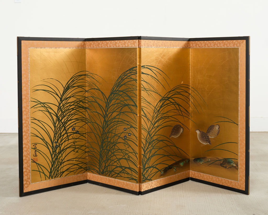 Japanese Showa Four Panel Screen Quail Amid Autumn Grasses