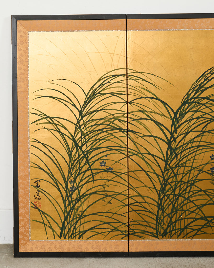 Japanese Showa Four Panel Screen Quail Amid Autumn Grasses