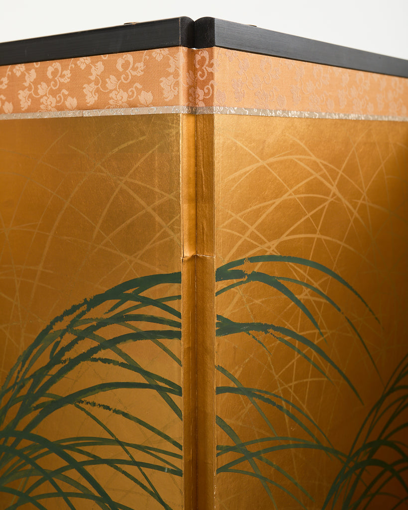 Japanese Showa Four Panel Screen Quail Amid Autumn Grasses