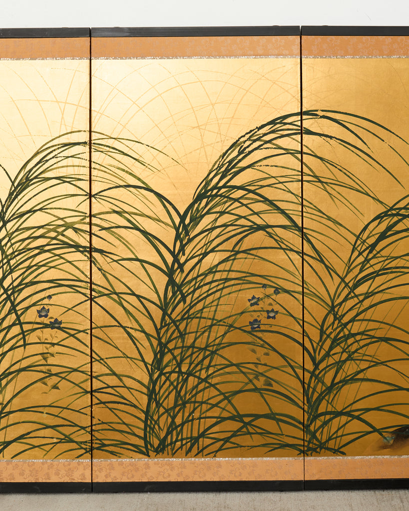 Japanese Showa Four Panel Screen Quail Amid Autumn Grasses