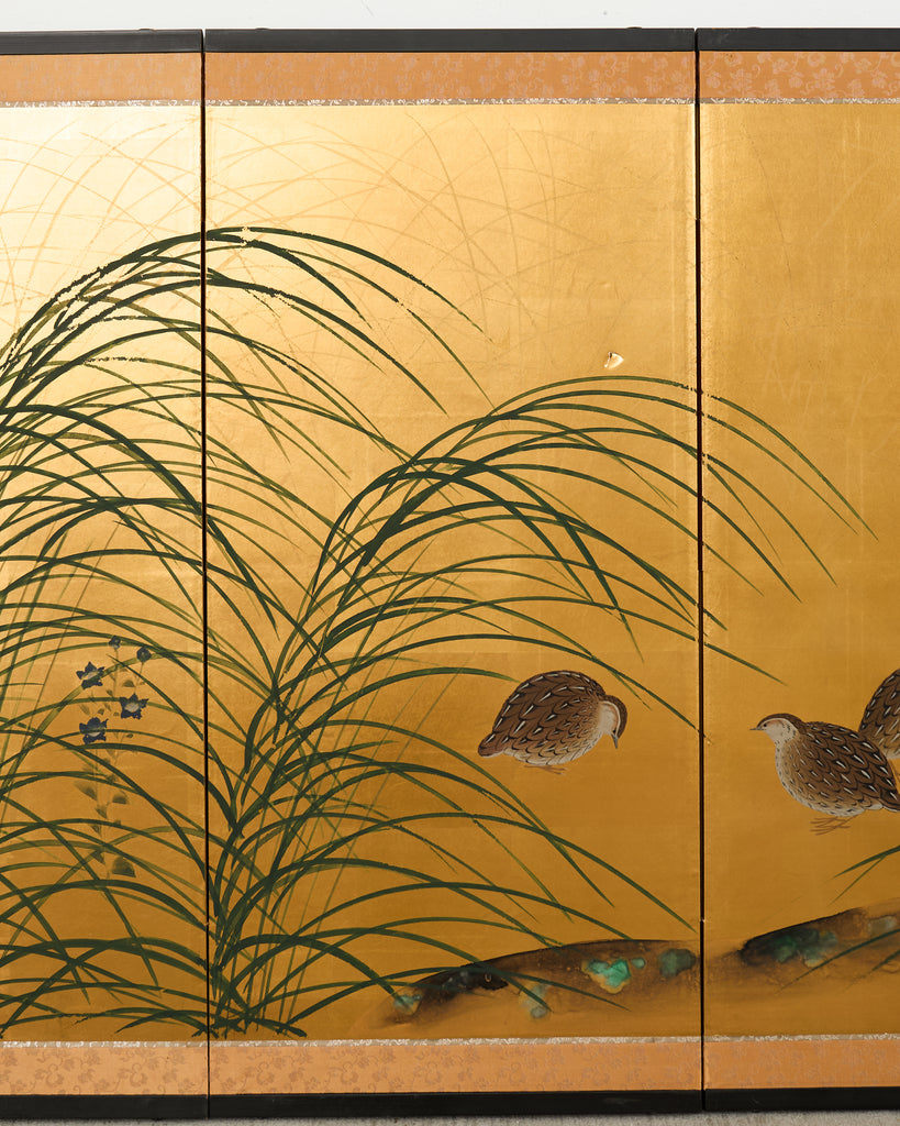Japanese Showa Four Panel Screen Quail Amid Autumn Grasses