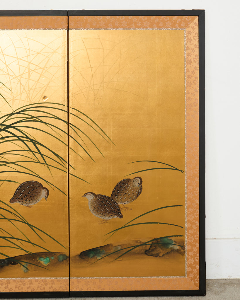 Japanese Showa Four Panel Screen Quail Amid Autumn Grasses