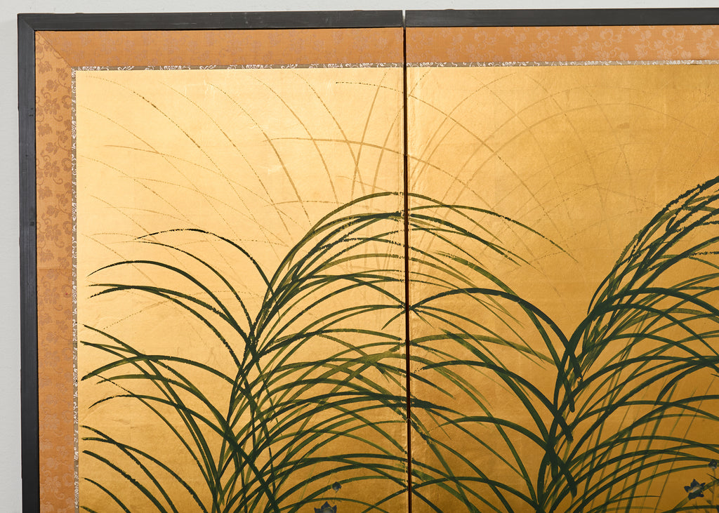 Japanese Showa Four Panel Screen Quail Amid Autumn Grasses
