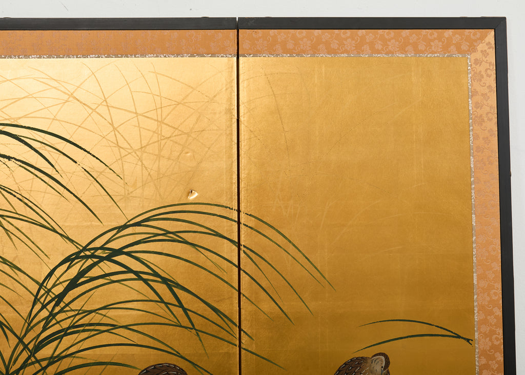 Japanese Showa Four Panel Screen Quail Amid Autumn Grasses